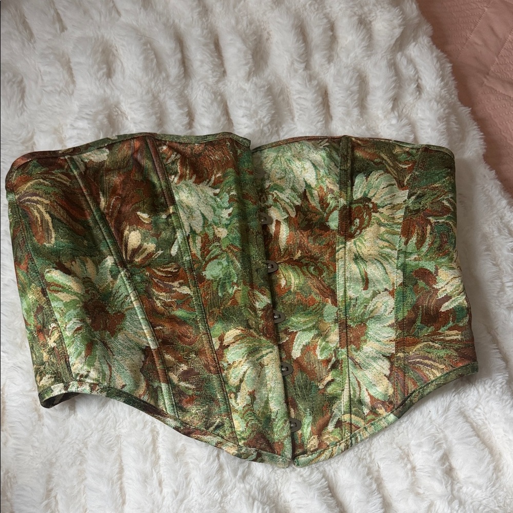 Mi Green and Brown Floral Brocade Lace-Up Corset Top